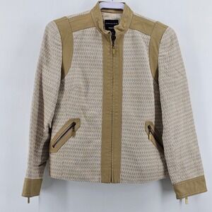 Doncaster Jacket Women 4 Beige Linen Cotton Leather Trim Chevron Moto Full Zip